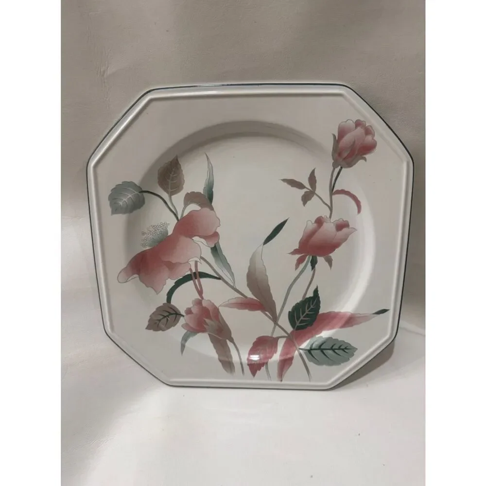 Mikasa Pink Floral Serving 12 X 12 In Platter Plate Green Leaves Silver Trim